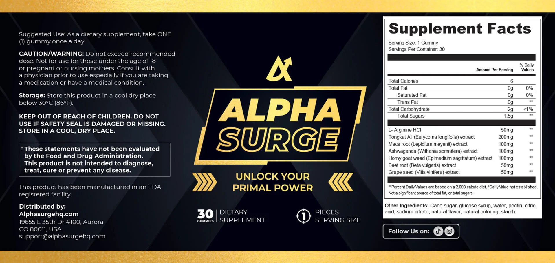 Etiqueta de Alpha Surge con la tabla Supplement Facts: dosis de los siete ingredientes, modo de empleo y advertencias
