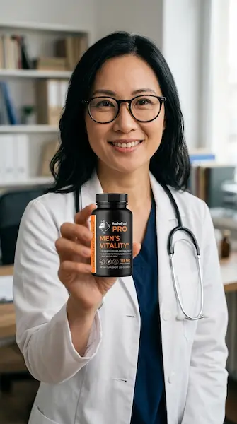 Doctora sosteniendo un bote de AlphaFuel Pro