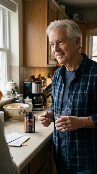 Hombre sonriente en su cocina con una cápsula de AlphaFuel Pro y un vaso de agua, con el bote sobre la encimera