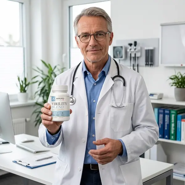 Un médico sosteniendo un frasco de Androxen