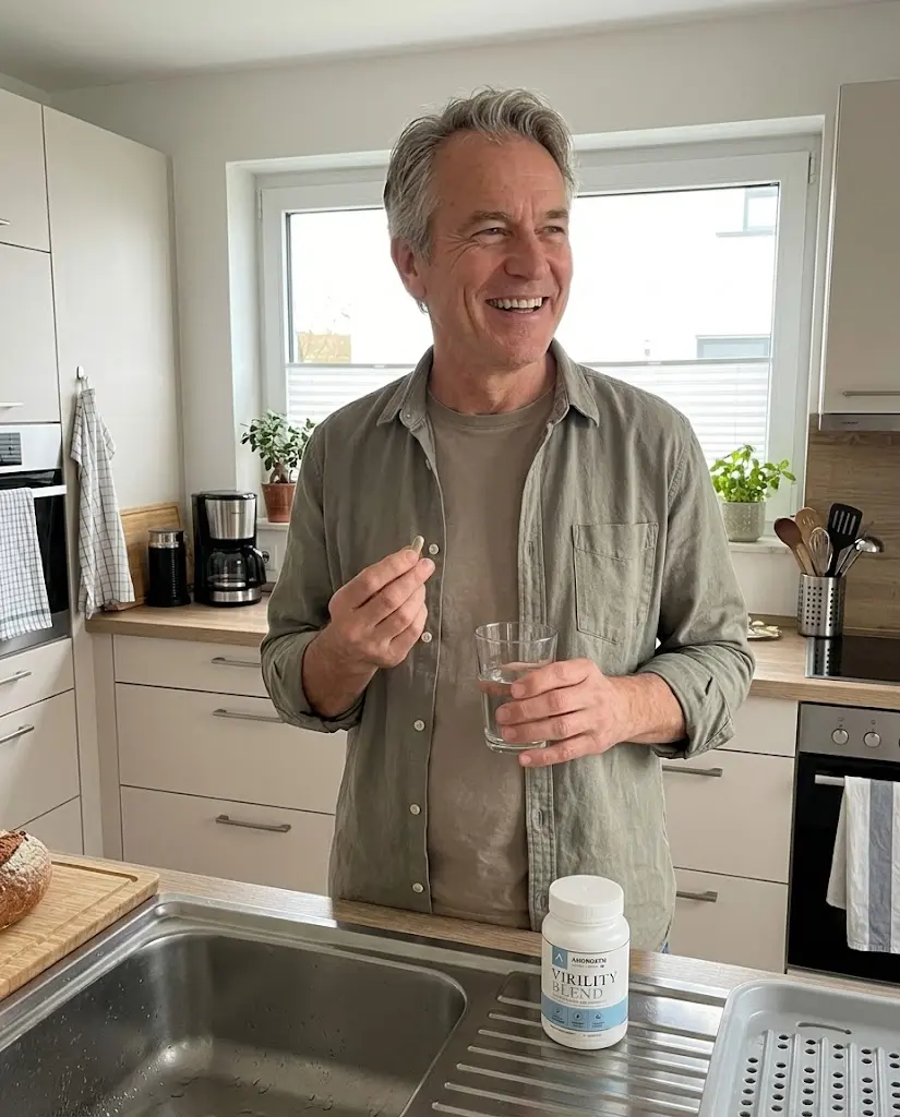 Hombre de 60 años sosteniendo una cápsula de Androxen y sonriendo