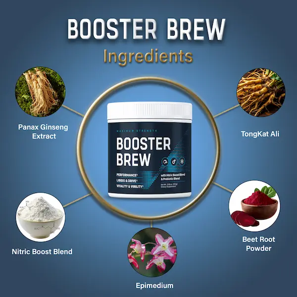 Ingredientes de Booster Brew: Panax ginseng, tongkat ali, Nitric Boost Blend, epimedium y remolacha en polvo