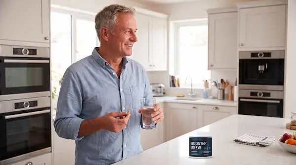 Hombre sonriente en su cocina con un vaso de agua y un bote de Booster Brew