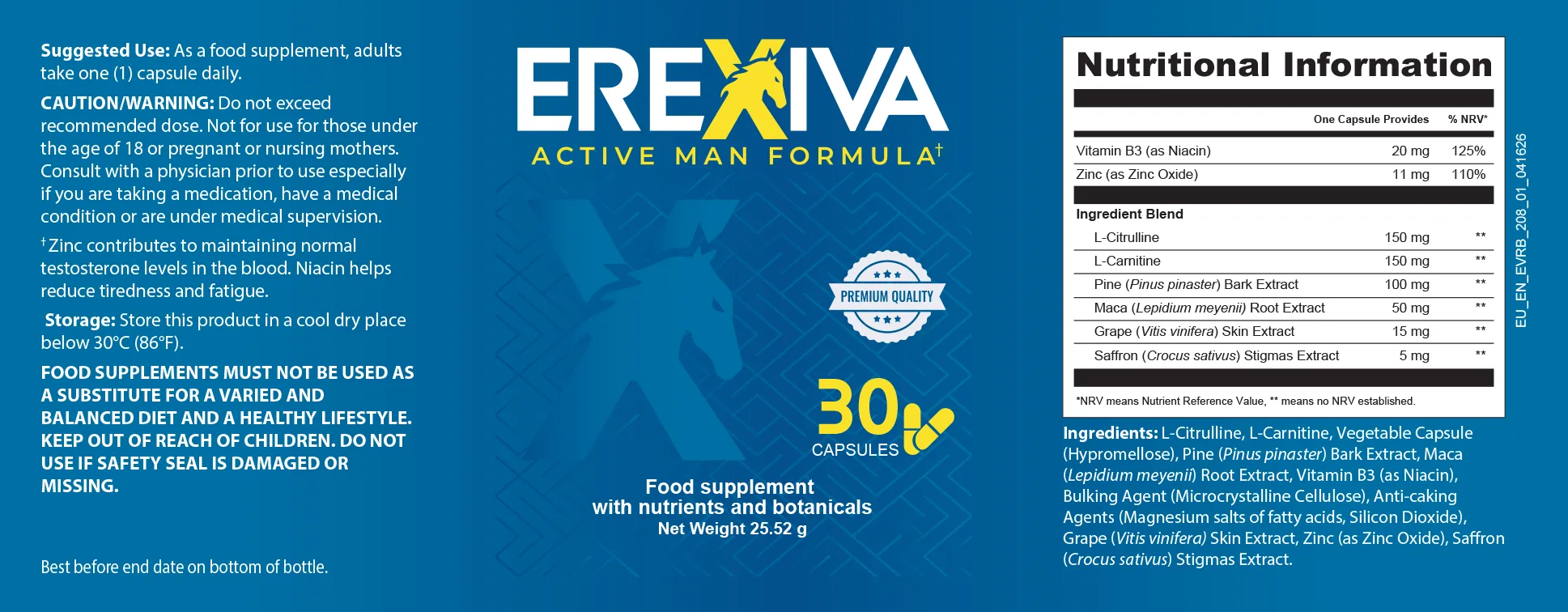 Etiqueta del complemento Erexiva con la tabla nutricional