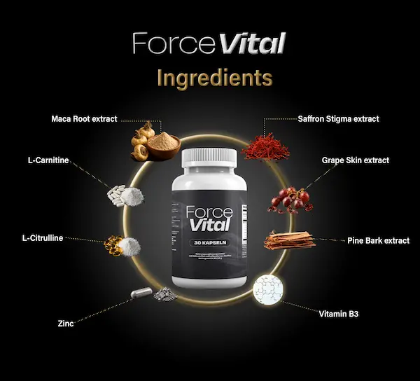 Ingredientes de ForceVital: maca, L-carnitina, L-citrulina, zinc, azafrán, piel de uva, corteza de pino y vitamina B3