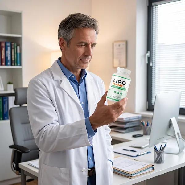 Médico sosteniendo un frasco de LipoFlame