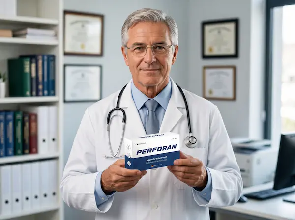 Médico sosteniendo una caja de Perforan