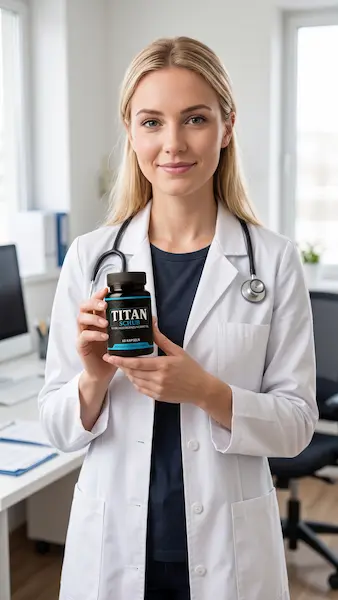 Médico sosteniendo un frasco de Titan Schub