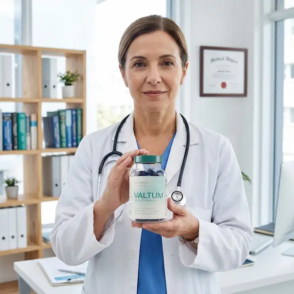 Una mujer doctora sosteniendo un frasco de Valtum