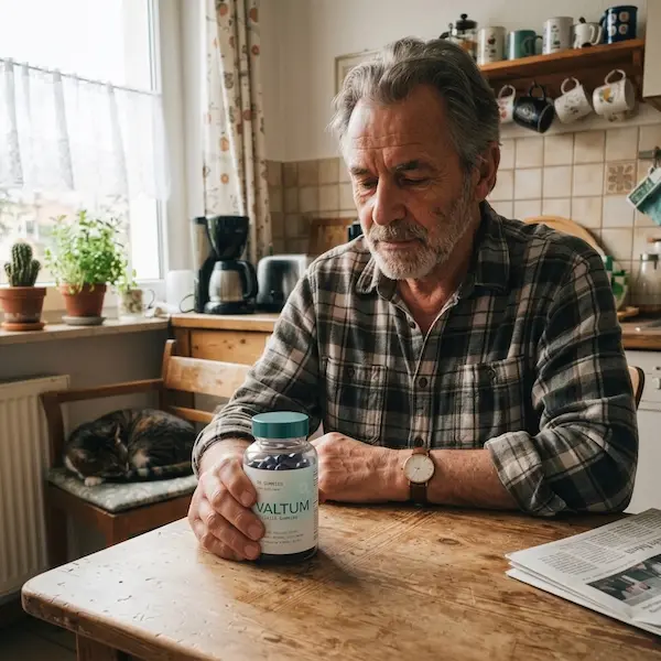 Un hombre de 65 años sentado en su acogedora cocina sosteniendo un frasco del suplemento Valtum. Mira pensativo el producto mientras un gato duerme en una silla al fondo y hay un periódico sobre la mesa. La luz natural entra por la ventana.