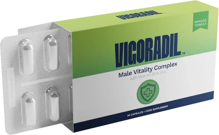 Caja de Vigoradil Male Vitality Complex con su blíster de cápsulas