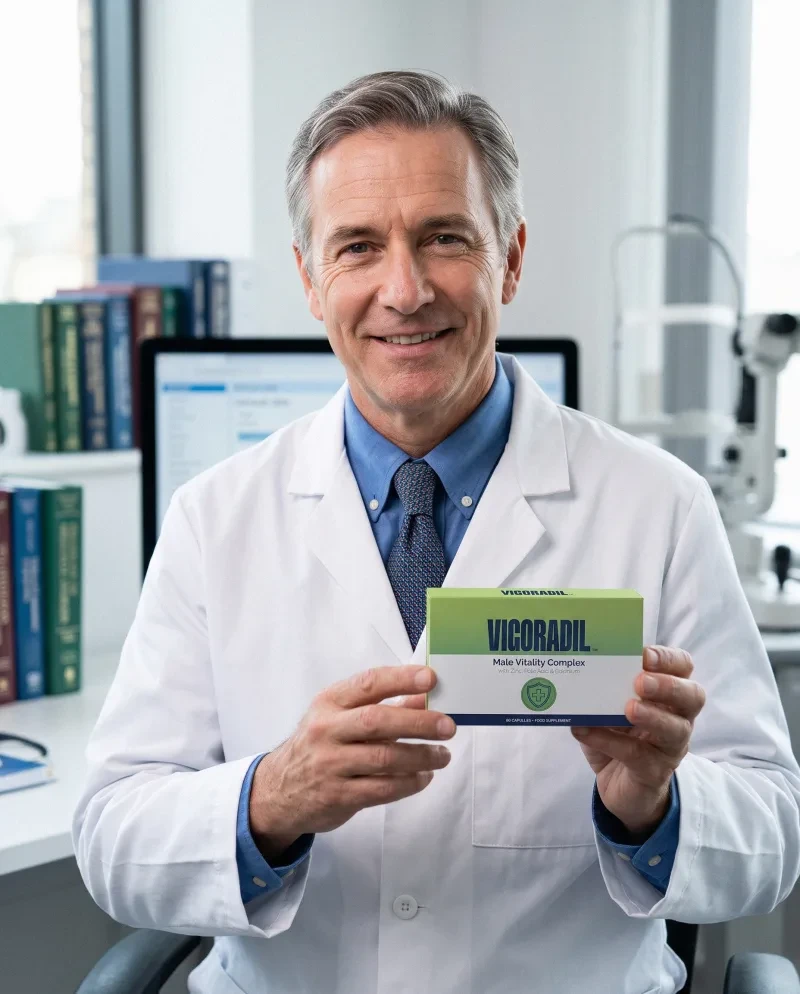 Un médico sosteniendo una caja de Vigoradil