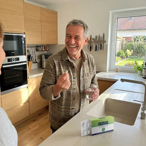 Un hombre sonriente en su cocina sostiene una cápsula de Vigoradil